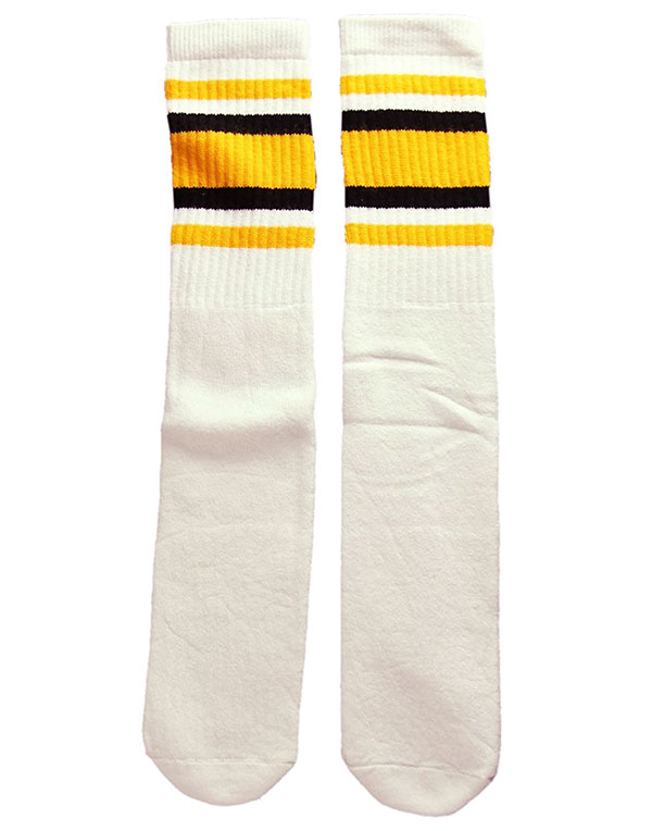 楽天スケボーウェア NINJAXSkaterSocks ロングソックス 靴下 男女兼用 ソックス スケート スケボー チューブソックス Knee high White tube socks with Gold-Black stripes style 4（22Inch 22インチ）SKATE SK8
