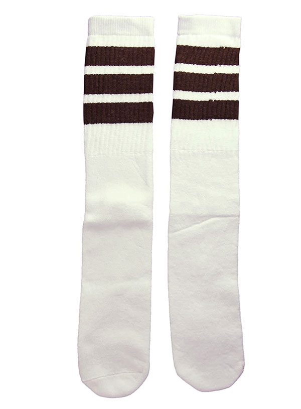 楽天スケボーウェア NINJAXSkaterSocks ロングソックス 靴下 男女兼用 ソックス スケボー チューブソックス Knee high White tube socks with Dark Brown stripes style 1 （22インチ） SKATE SK8