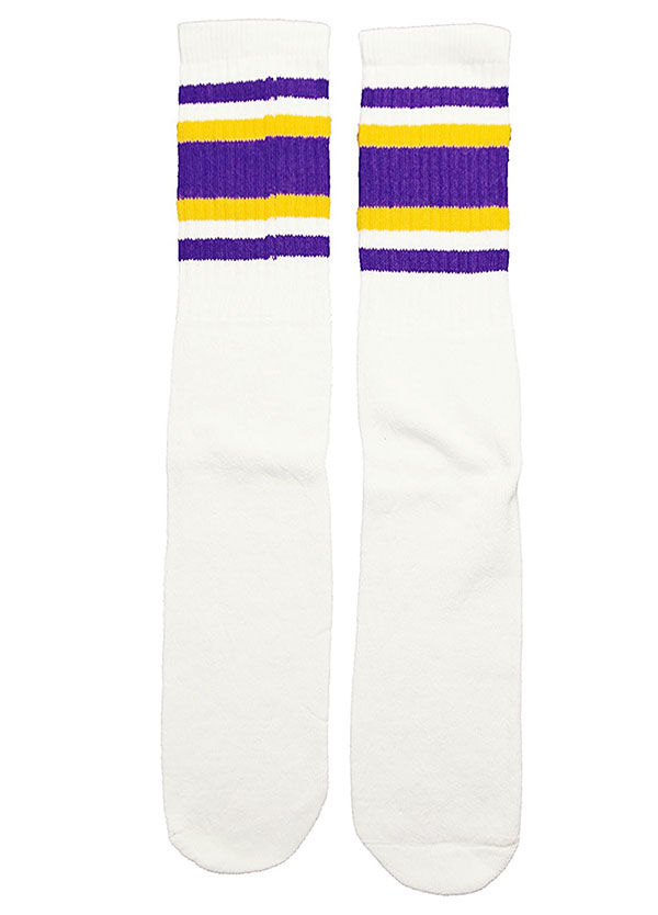 楽天スケボーウェア NINJAXSkaterSocks ロングソックス 靴下 男女兼用 ソックス スケボー チューブソックス Knee high White tube socks with Purple-Gold stripes style 4 （22インチ） SKATE SK8