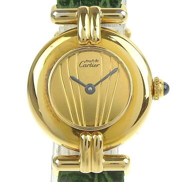【CARTIER】カルティエ マストコリゼ シルバー925×レザー 緑 クオーツ アナログ表示 レディース ゴールド文字盤 腕時計【中古】