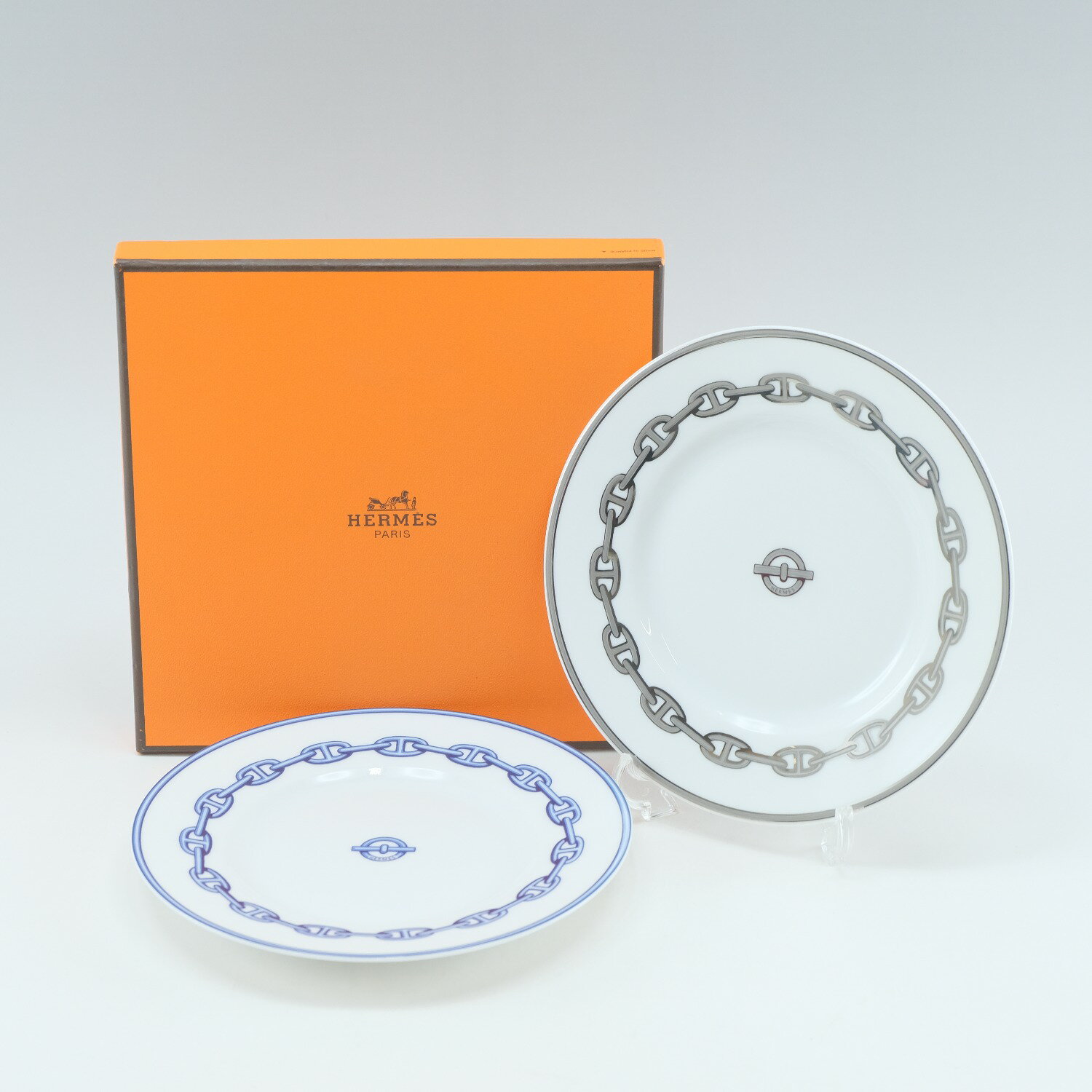 エルメス HERMES シェーヌダンクル 食器 プレート×2 ポーセリン フランス製 ブルー＆シルバー Chaine d’Ancre _【未使用】Sランク