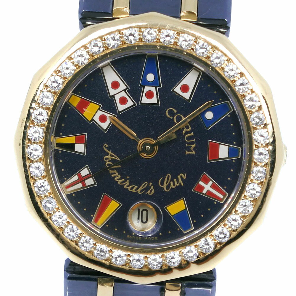 コルム CORUM アドミラルズカップ 腕時計 ダイヤベゼル 3991233 ステンレススチール×K18イエローゴールド×ガンブルー スイス製 ゴールド クオーツ アナログ表示 ネイビー文字盤 Admirals cup レディース【中古】