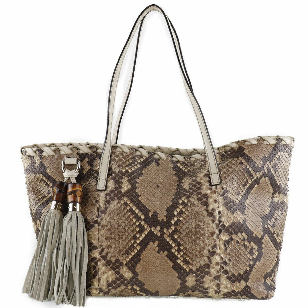 グッチ GUCCI バンブータッセル トートバッグ 218780 パイソン×レザー イタリア製 茶 マグネットタイプ Bamboo tassel レディース【中古】