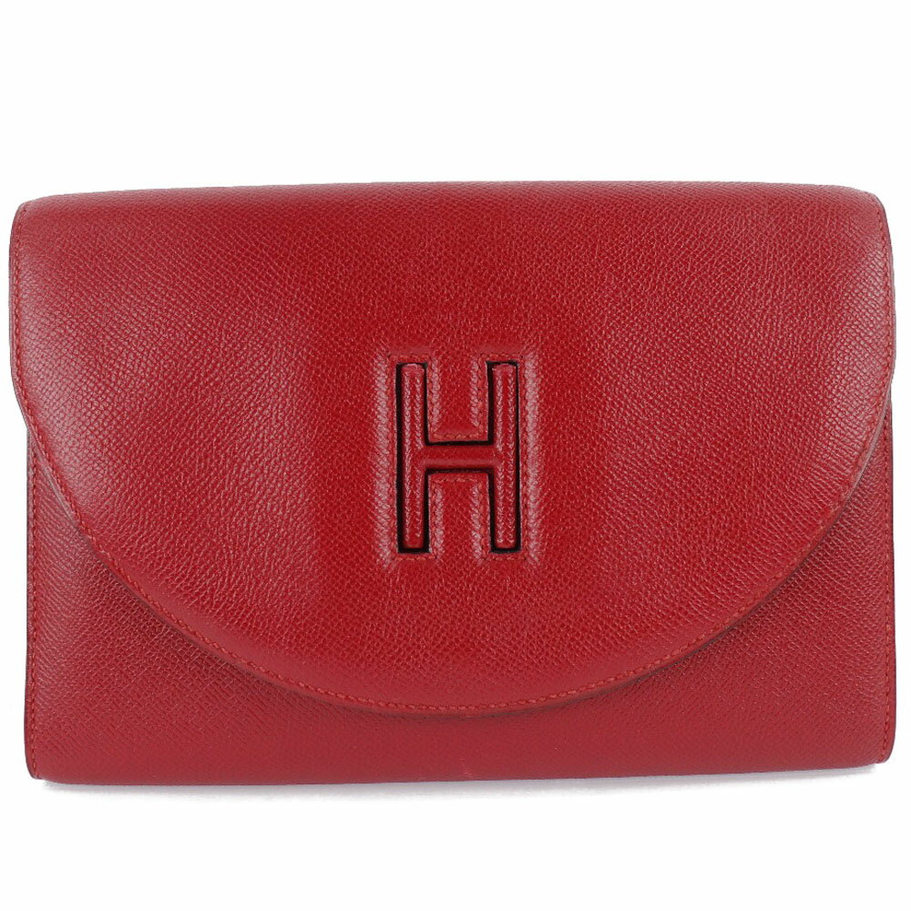 【スーパーセール10％OFF対象】エルメス HERMES Hロゴ クラッチバッグ ヴィンテージ ヴォーエプソン ルージュヴィフ フランス製 1989年 赤 〇S スナップボタン H logo レディース【中古】