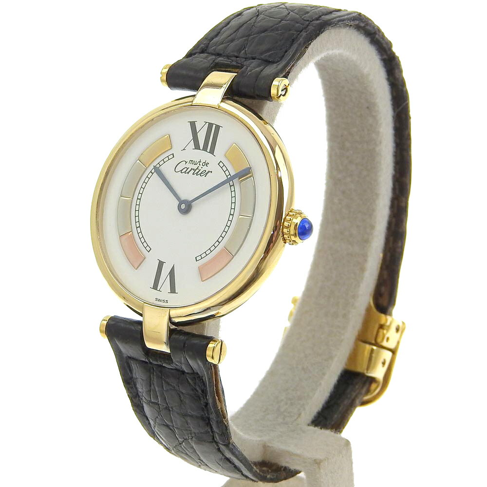 カルティエ CARTIER マストヴァンドーム 腕時計 ヴェルメイ トリニティ 590003 シルバー925×クロコダイル スイス製 黒 クオーツ アナログ表示 白文字盤 Must Vendome ボーイズ【中古】