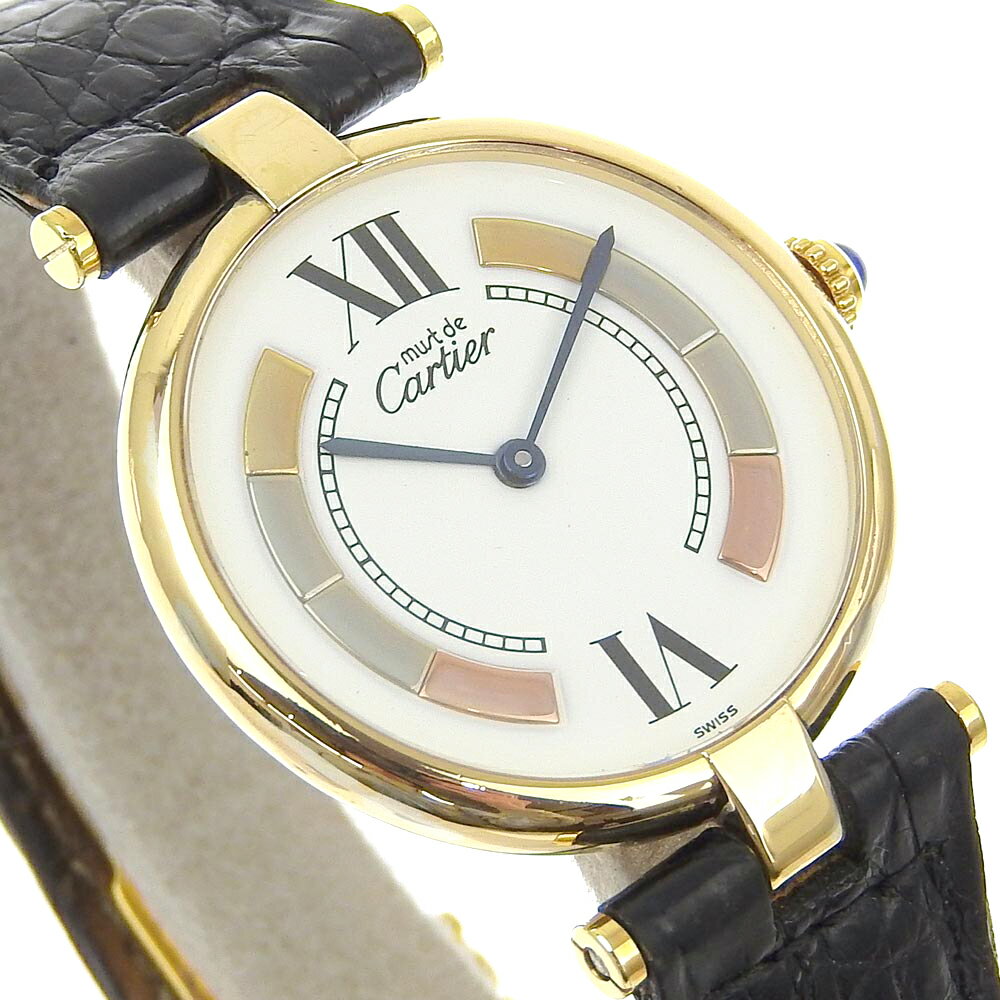 カルティエ CARTIER マストヴァンドーム 腕時計 ヴェルメイ トリニティ 590003 シルバー925×クロコダイル スイス製 黒 クオーツ アナログ表示 白文字盤 Must Vendome ボーイズ【中古】