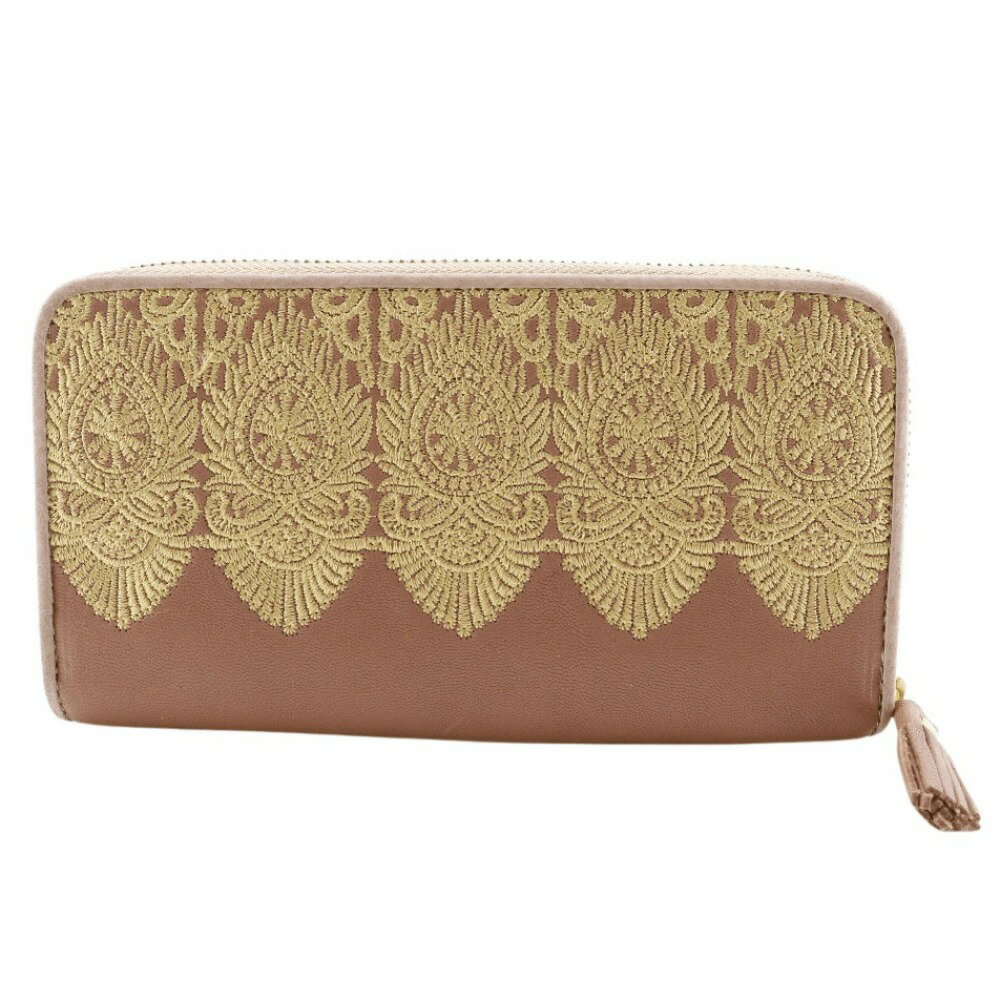 エンディミオン・スプリング Endymion Spring 本革刺繍 長財布 ラウンドファスナー ピンク ファスナー Genuine Leather Embroidery レディース【中古】A+ランク