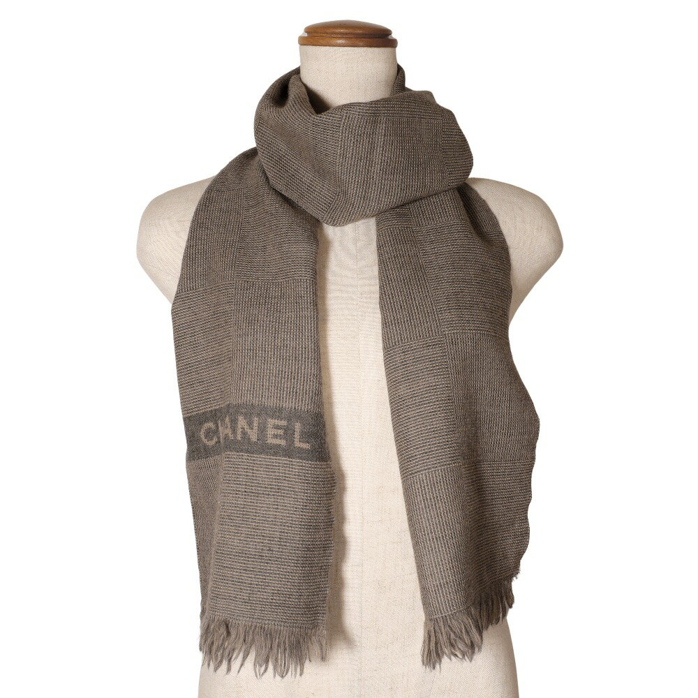 【ファッションセール10％OFF対象】シャネル CHANEL ロゴ マフラー ウール イタリア製 グレー/ベージュ logo ユニセックス【中古】A-ランク