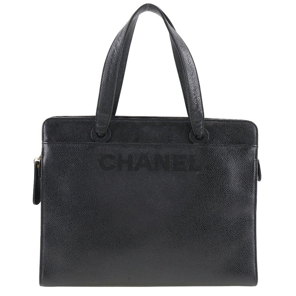 シャネル CHANEL ロゴ ハンドバッグ キャビアスキン イタリア製 黒 手提げ A5 ファスナー logo レディース【中古】A-ランク