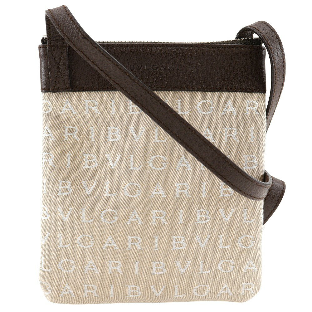ブルガリ BVLGARI ロゴマニア ショルダーバッグ ポシェット キャンバス×レザー イタリア製 ベージュ 斜め掛け ファスナー Logo mania ユニセックス【中古】