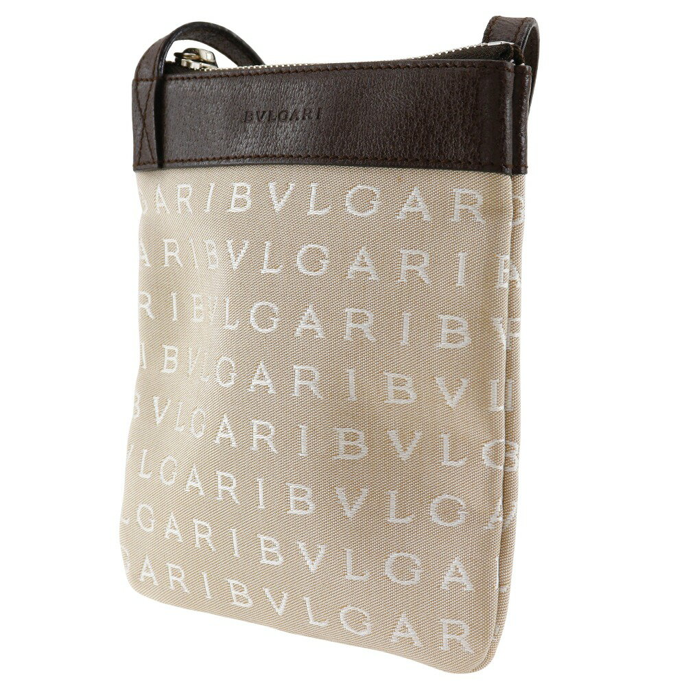 ブルガリ BVLGARI ロゴマニア ショルダーバッグ ポシェット キャンバス×レザー イタリア製 ベージュ 斜め掛け ファスナー Logo mania ユニセックス【中古】