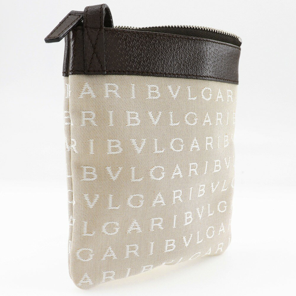 ブルガリ BVLGARI ロゴマニア ショルダーバッグ ポシェット キャンバス×レザー イタリア製 ベージュ 斜め掛け ファスナー Logo mania ユニセックス【中古】