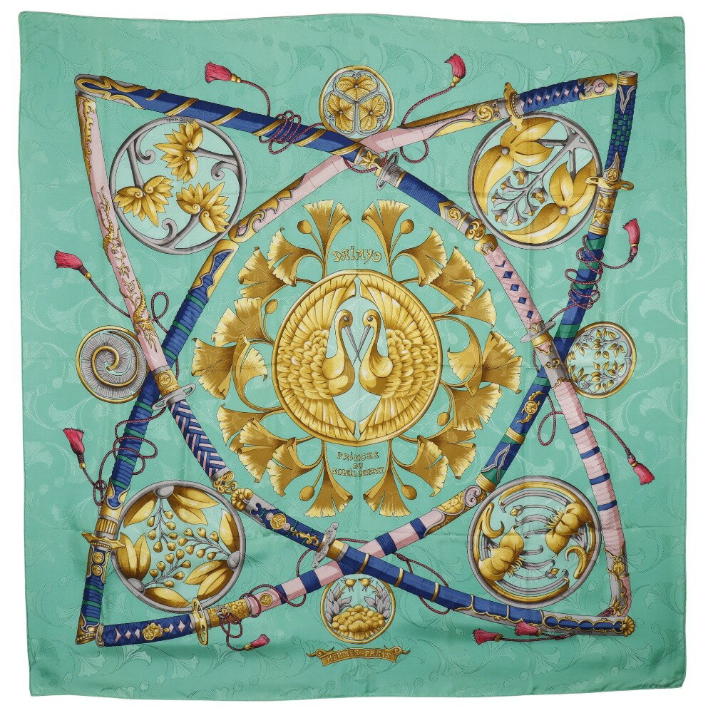 エルメス HERMES カレ90 スカーフ DAIMYO PRINCES DU SOLEIL LEVANT 大名 日出る国の皇子 シルク フランス製 緑 Carree90 レディース【中古】A+ランク