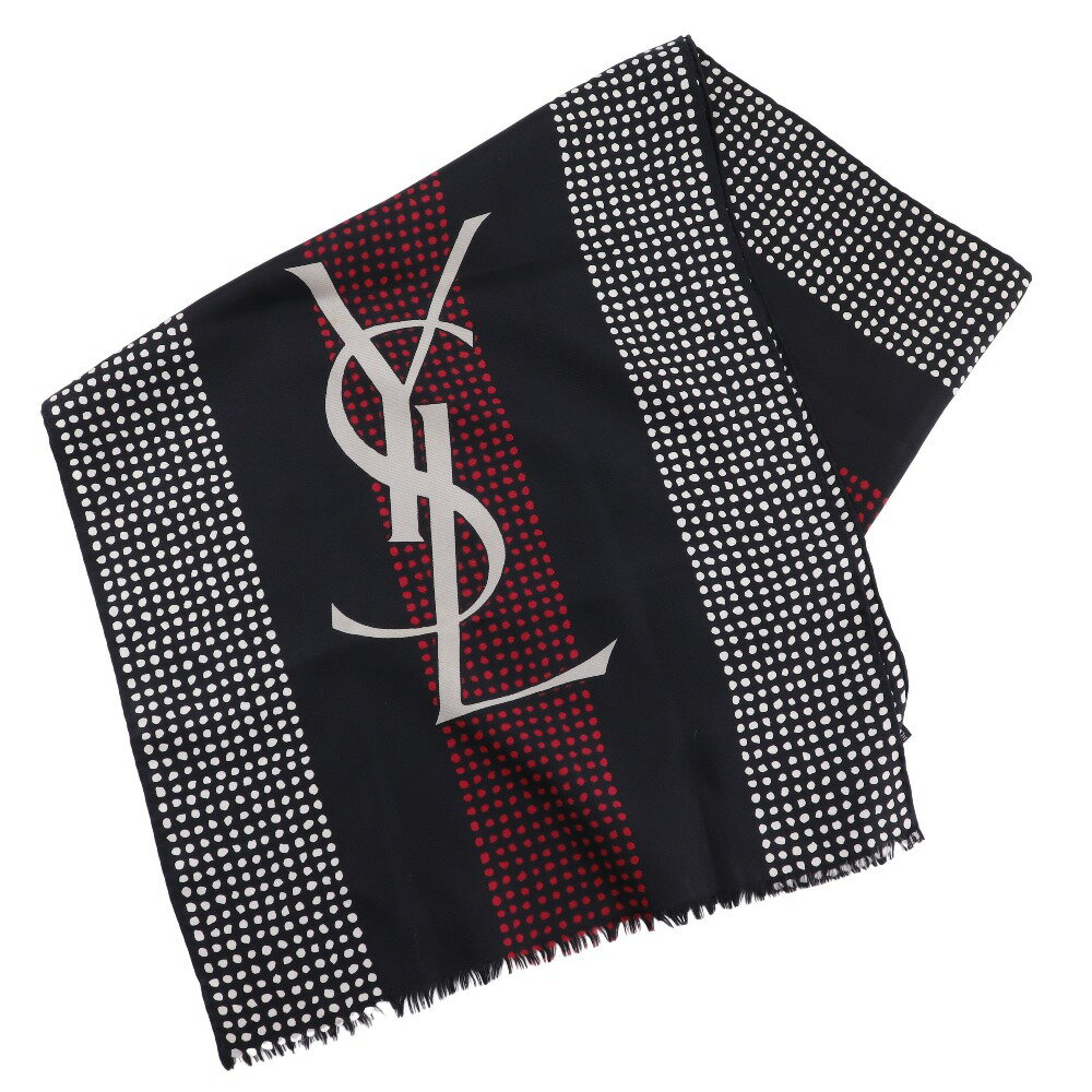【スーパーセール10%OFF対象】イヴ・サンローラン YVES SAINT LAURENT YSLロゴ スカーフ 長方形 シルク 黒 YSL logo レディース【中古..