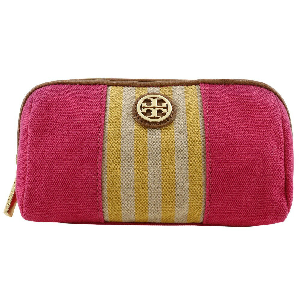 トリーバーチ Tory Burch ロゴ ポーチ キャンバス ピンク ファスナー logo レディース【中古】