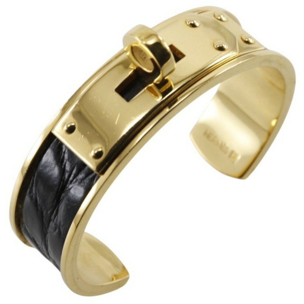 エルメス HERMES ケリー バングル ブレスレット 金メッキ×クロコダイル 黒 約39.2g Kelly レディース【中古】