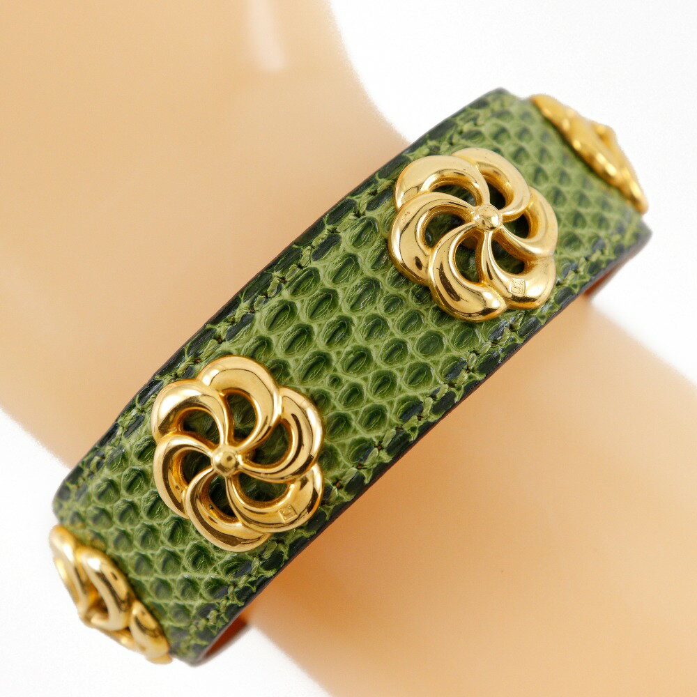 エルメス HERMES バングル ヴィンテージ リザード×金メッキ フランス製 緑 約26g レディース【中古】