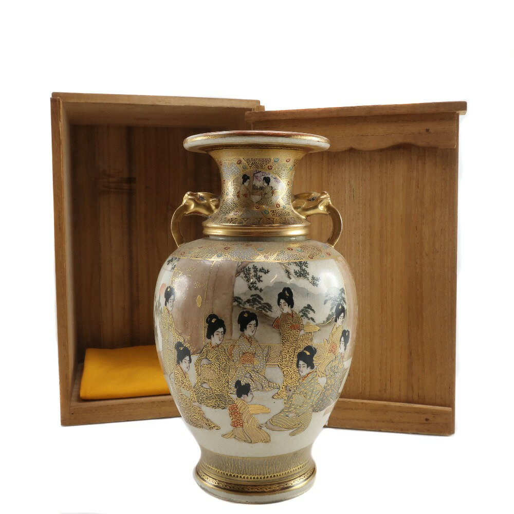 薩摩焼 金襴手武将美人図花生 骨董品 陶磁器 Satsuma ware gold brocade flower vase with a beautiful wa...