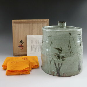 人間国宝 清水卯一 作 灰釉鉄絵すすき水指 替漆蓋付 茶道具 陶磁器 Ash-glazed iron-painted Japanese pampas grass water jar with replacement lacquer lid by Living National Treasure Shimizu Uichi _【中古】Aランク