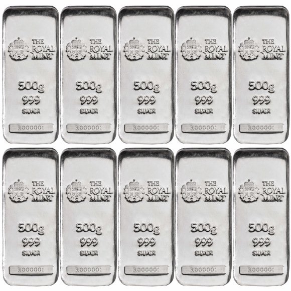 即納 　 500g イギリス ロイヤルミント製 シルバーバー 99.9%【10本】セット ※※ 純銀 インゴット ingot シルバーバー SILVER 500グラム 500g【弊社発行保証書付き】