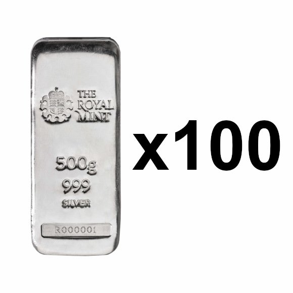 即納 　 500g イギリス ロイヤルミント製 シルバーバー 99.9%【100本】セット ※※ 純銀 インゴット ingot シルバーバー SILVER 500グラム 500g【弊社発行保証書付き】