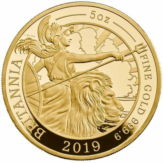 2019 イギリス　ブリタニア 金貨　5オンス　プルーフ　箱とクリアケース付き 新品未使用