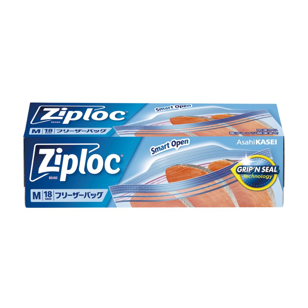 ご注意 ●この商品は、取り寄せ後の発送となります。通常5営業日以内に発送いたします。 ●この商品は、代引き不可・返品不可となりますので、ご了承ください。 特徴 こだわりの密封性と、抜群の使いやすさ ●2種類のジッパーで、簡単・スムーズな開閉性と高い密封性を両立。 ●厚手の素材なので、食材を酸化や乾燥からしっかり守ります。 ●冷凍保存から電子レンジ解凍まで、中身を移し替えずにそのまま使えます。 ●グリッピングシールで開けやすい！ ●冷凍保存から電子レンジ解凍まで使えます。 ●日付や内容物の書き込みスペースがあります。 ●書き込みラベルで冷凍保存する食材の整理や検食の保存に便利です。 ●耐熱温度は100度、耐冷温度は一70度です。 使用上の注意 ●本品を頭からかぶると窒息するおそれがありますので、乳幼児の手の届かないところに保管してください。 ●オーブン、グリル、トースター機能、直火、鍋などでの煮沸には使用しない。 ●鍋に火をかけた状態での湯せんには使用しない。鍋肌に触れた部分が耐熱温度を超えるおそれがある。 ※火からおろしても鍋肌が高温の場合、鍋肌に触れるとバッグが溶けるおそれがある。 ●電子レンジ加熱には使用しない。 ●電子レンジで解凍の際は、ジッパーの一部を開けて解凍する。油分の多い食品(カレー、シチューなど)は耐熱温度を超えると溶けて穴が開くおそれがあるので、電子レンジでは解凍しない。自然解凍や流水解凍をおすすめする。 ●火のそばに置かない。 ●ガスコンロ、オーブン、トースターなど熱源に近づけたり、温度が高くなるところで保管しない。バッグどうしがくっつくおそれがある。 ●液状のものを保存する場合は、8分目以下にする。 ●液状のものを入れて横置きする場合や解凍する場合は、液体がもれるおそれがあるので受け皿などを使用する。 ●液体を入れて持ち運ばない。 ●廃棄時は各自治体の定める方法に従う。 商品詳細 ●商品名：ジップロック　家庭用　フリーザーバッグ　保存袋　M ●材質：ポリエチレン ●サイズ：縦189mm 横177mm 厚さ0.06mm ●入数：18枚 ●メーカー名：旭化成ホームプロダクツ株式会社 【広告文責】株式会社コーセイ　087-885-6107