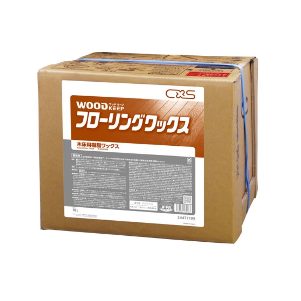 ご注意 ●この商品は、取り寄せ後の発送となります。通常5営業日以内に発送いたします。 ●この商品は、代引き不可・返品不可となりますので、ご了承ください。 特徴 密着性、耐水性、耐傷性に優れた塗装済み木床用ワックス ●｢耐水・耐傷｣水性ウレタン、「高光沢」アクリルポリマー、「ノンスリップ性&帯電防止効果」を発揮する透明性無機フィラーをバランス良く配合。 ●耐水性、密着性、耐傷性に優れた新築フローリング用ワックス。 ●床面にこぼれた水滴による白化や剥がれが起こりにくい。 ●弾力性が高く、摩耗やキズに強い。 ●スリッパや靴下で歩く場合に滑りにくい。 ●静電気が溜まりにくく、床面にホコリが付きにくい。 商品詳細 ●商品名：業務用　木床用樹脂ワックス　ウッドキープフローリングワックス ●成分：合成樹脂（アクリル樹脂系）、水 ●使用量の目安：1平方メートル1回塗布あたり12mL(18Lで約1500平方メートル(1回塗布)) ●使用濃度：原液 ●内容量：18L(BIB) ●メーカー名：シーバイエス株式会社 【広告文責】株式会社コーセイ　087-885-6107