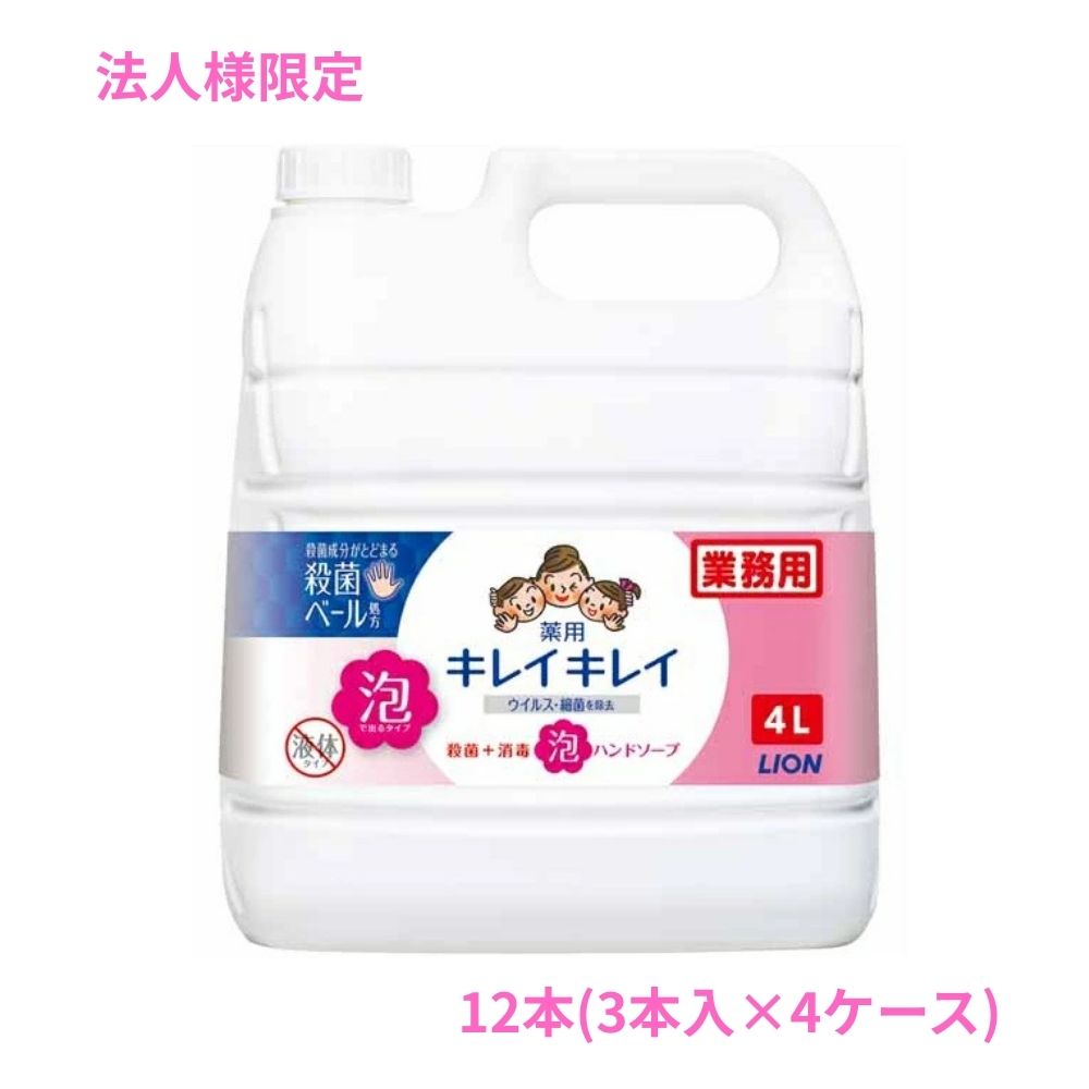 【期間限定P2倍】 【法人様限定】ライオン キレイキレイ薬用泡ハンドソープ 4L×3本入×4ケースロット【取り寄せ商品・代引き不可・時間指定不可・沖縄、北海道、離島不可】