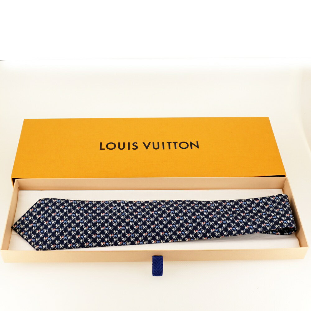 【未使用品】LOUIS VUITTON ルイヴィトン ネクタイ クラヴァット 8CM 総柄プリント ネイビー 猿 モンキー シルク M70976
