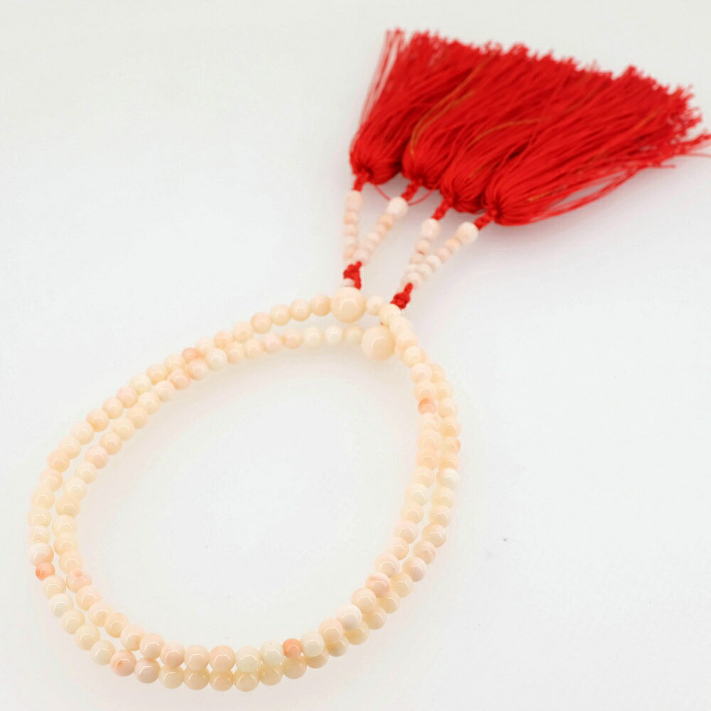 【美品】数珠 女性用 念珠 二連 桃色珊瑚 ピンク珊瑚 正絹かがり梵天房 箱入 【中古】