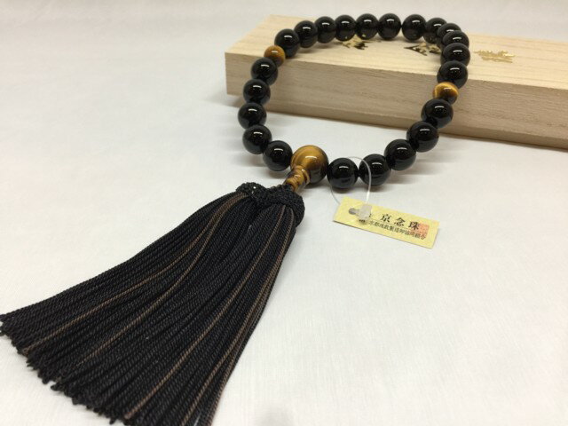 黒オニキス（虎目石仕立）蛍正絹房 男性 数珠 念珠 葬儀 法要 墓参り