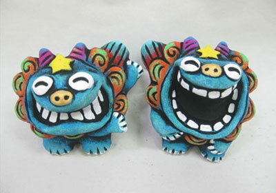 米子焼テーファー　青　シーサー　Mサイズ