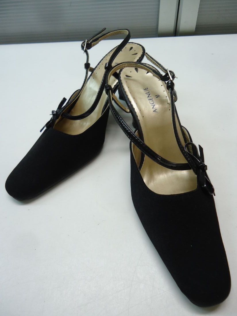 【中古】【あす楽可】ANGENUE■オープンバックパンプス■M(23.0cm〜23.5cm)■ブラック■サイドのリボンがさりげない可愛いポイント♪