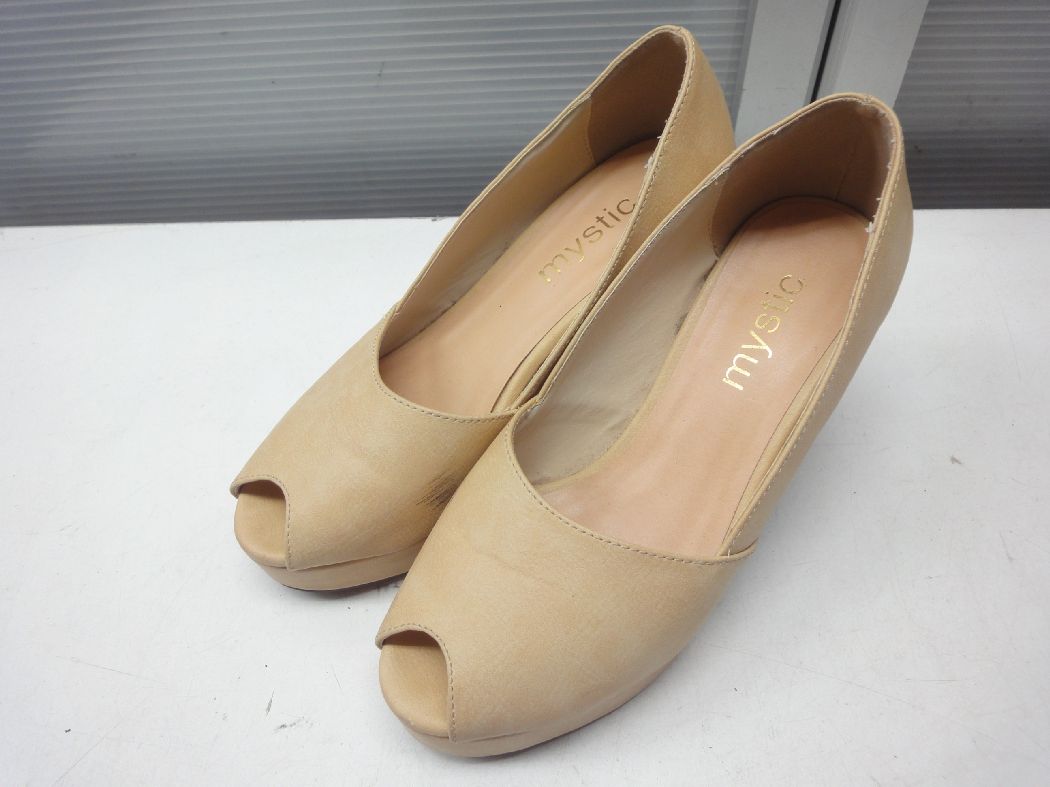 mystic/ミスティック■36(22.5cm〜23.0cm程度)■チャンキーヒール オープントゥ プレーン パンプス■BEIGE/ベージュ■美脚効果、脚長効果、スタイルアップ抜群◎【中古】