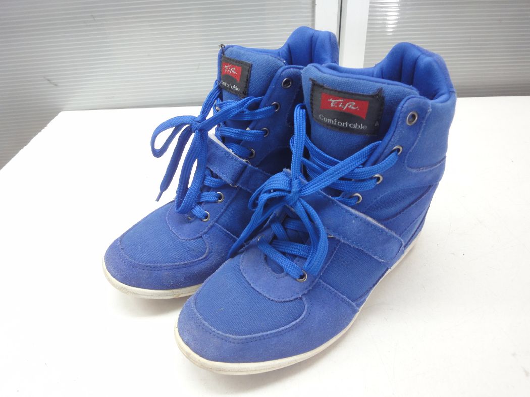 F.I.R Comfort able■24.0cm/USA5.5/EUR38■スエードレザー キャンバス ベルクロ マジックテープ コンビ 異素材 ヒールスニーカー インヒール ソール シューズ■BLUE/ブルー/青■インヒールで美脚効果、脚長効果、スタイルアップ抜群◎【中古】