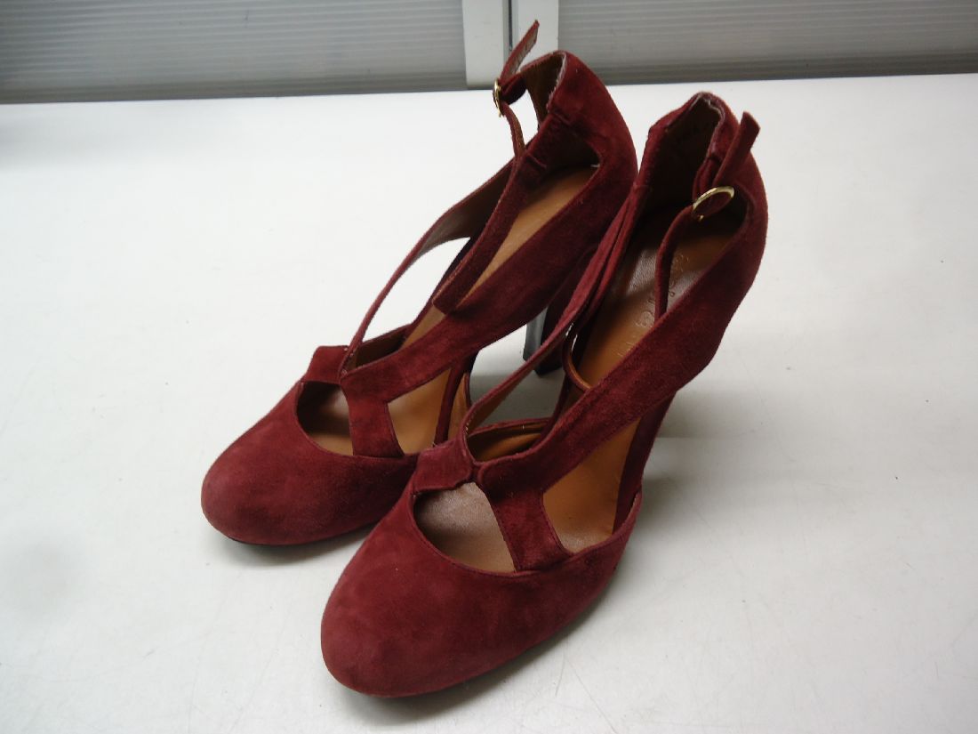 【中古】again & again■スエードアウトラップパンプス 10574■38(24.0cm程度)■レッド■スペイン製◎真っ赤..