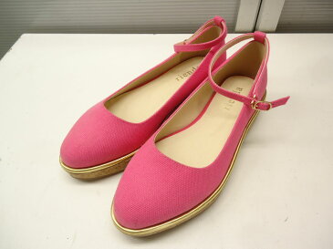 美品◎rienda/リエンダ■L(24.0cm程度)■キャンバス ウェッジコルク ストラップパンプス■PINK/ピンク■鮮やかなカラーリングがとても綺麗です♪ゴールドラインやコルクソールがポイント☆【中古】