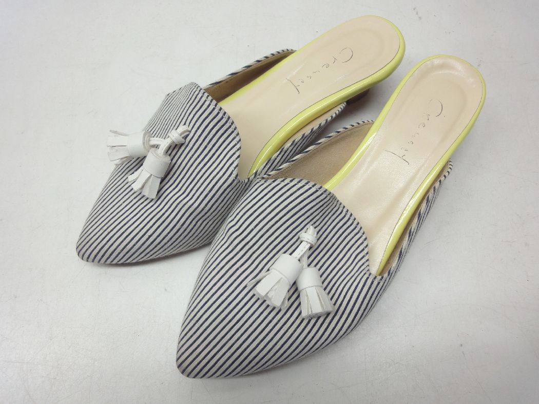 Crewset/クリュゼ■23.0cm■ボーダー ストライプ タッセル ミュール サンダル パンプス 31147■ネイビー/ホワイト/イエロー■高品質の日本製☆【中古】