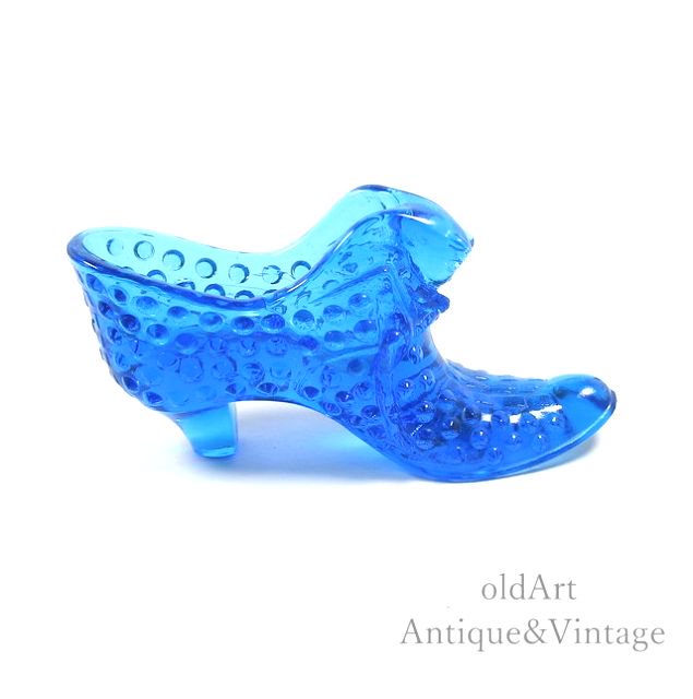 USA製 アメリカ ヴィンテージ 1950-70年代 Fenton オールド フェントン 猫 キャット シューズ Hobnail ホブネイル ガラス 置物 オブジェ【Blue】【N-20020】【送料無料】