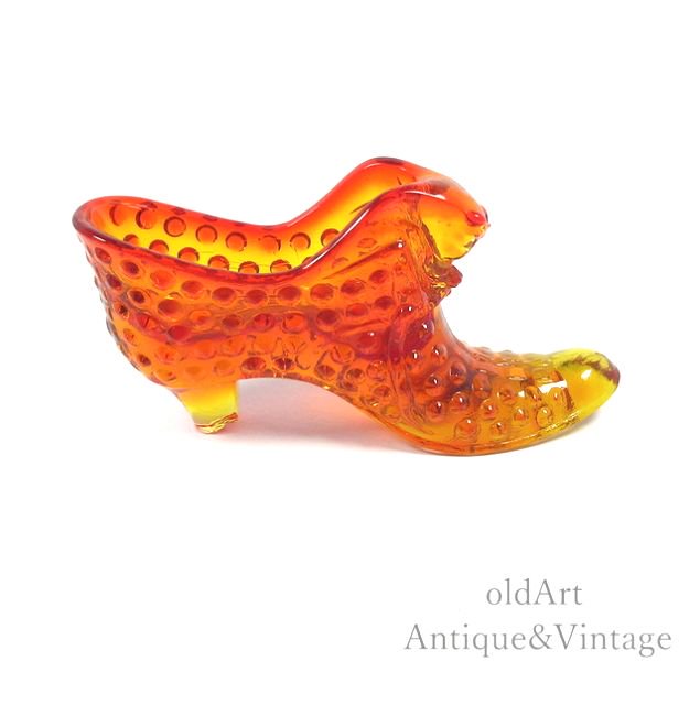 USA製 アメリカ ヴィンテージ 1950-70年代 Fenton オールド フェントン 猫 キャット シューズ ホブネイル 靴 ガラス 置物 オブジェ【Orange】【N-20021】【訳有】【送料無料】