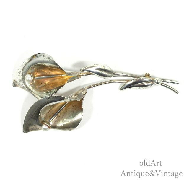USA製 ヴィンテージ カラー リリーフローラル 花 立体的 曲線美 STERLING シルバー製 銀細工 ゴールド コスチュームジュエリー 大きな ピン ブローチ【N-21027】【中古】【送料無料】