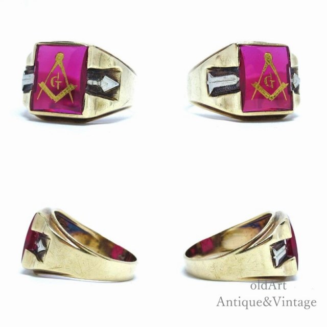 USA製 1950年代 ヴィンテージ フリーメイソン 石工 意匠 彫刻 ルビー メンズ リング 指輪【10金無垢 10K ゴールド】【23号】【M-15464】【中古】【送料無料】