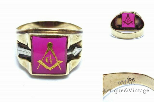 USA製 1950年代 ヴィンテージ フリーメイソン 石工 意匠 彫刻 ルビー メンズ リング 指輪【10金無垢 10K ゴールド】【23号】【M-15464】【中古】【送料無料】