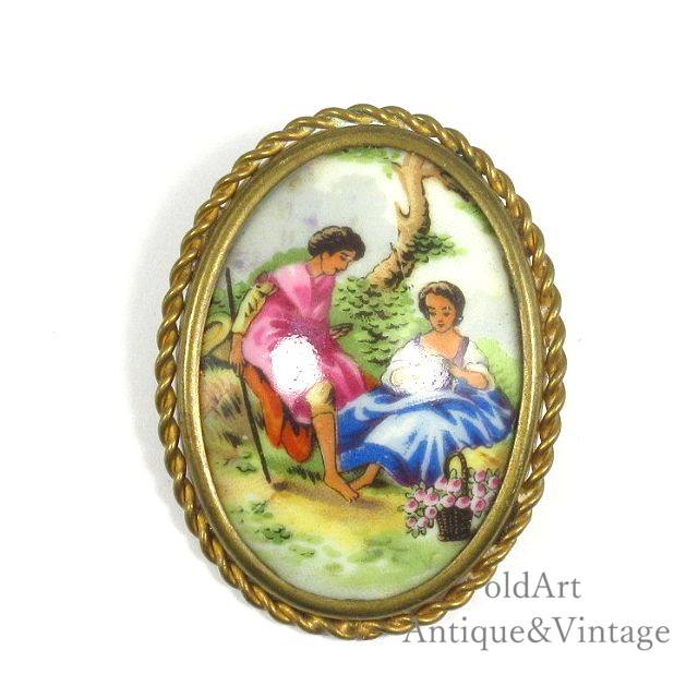 France製 1950年代 フランス LIMOGES ヴィンテージ オーバル型 ブローチ【N-21746】【中古】【送料無料】