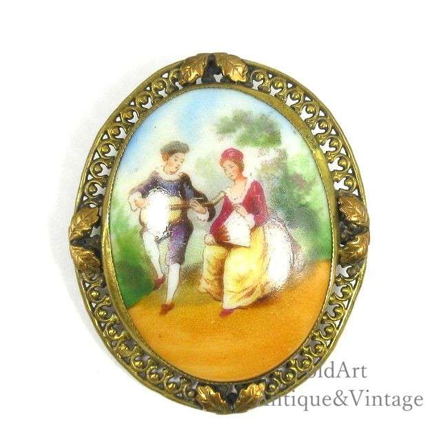 CZECHOSLOVAKIA チェコ 製 1940年代 ヴィンテージ オーバル型 磁器 ブローチ【N-21747】【中古】【送料..