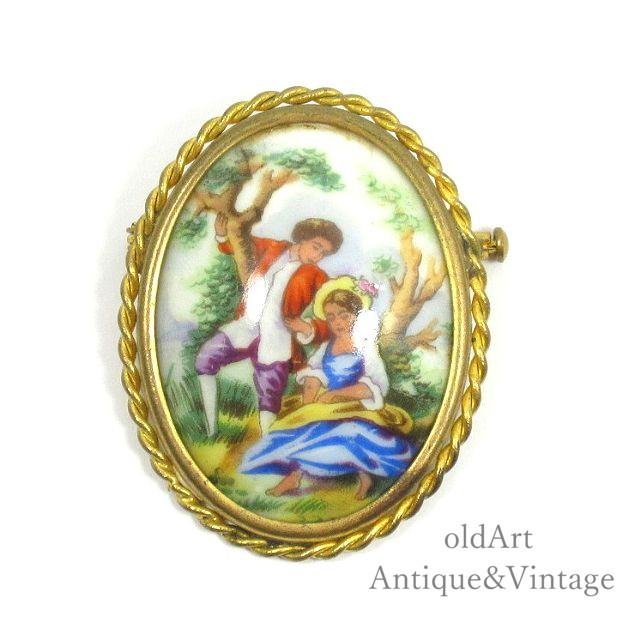 France製 1950年代 フランス LIMOGES ヴィンテージ オーバル型 ブローチ【N-22608】【中古】【送料無料】