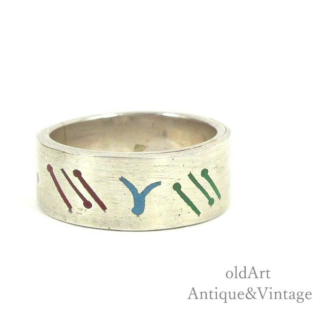 メキシコ製 MEXICO ヴィンテージ スターリング シルバー 925 銀細工 エナメル メキシカンジュエリー フラットバンド リング 指輪【13.5号】【N-...