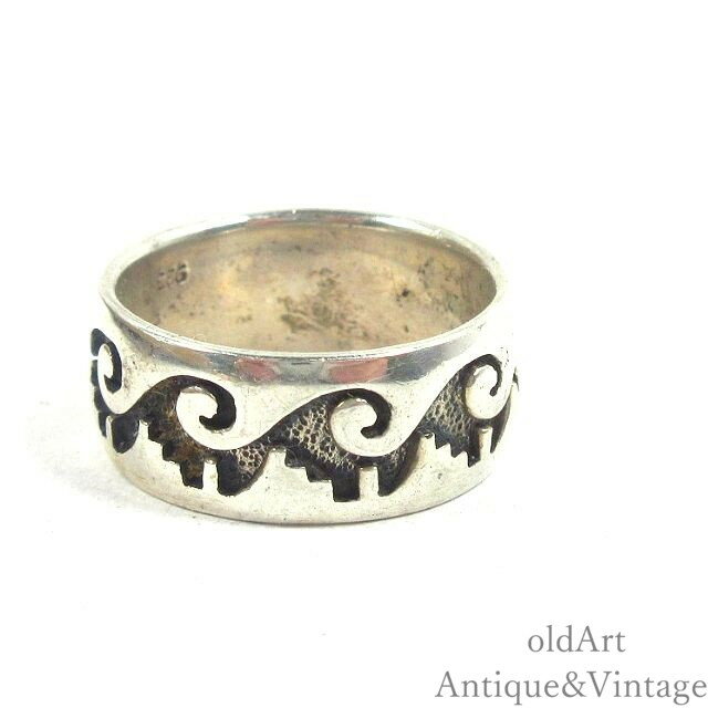 USA アメリカン ヴィンテージ フラットバンド 波 彫刻 燻 スターリング シルバー製 リング 指輪【12号】【N-24394】【中古】【送料無料】