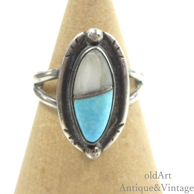 USA製 ヴィンテージ ネイティブアメリカン インディアン STERLING シルバー 銀製 ターコイズ シェル リング 指輪【12号】【N-25689】【中古】【送料無料】